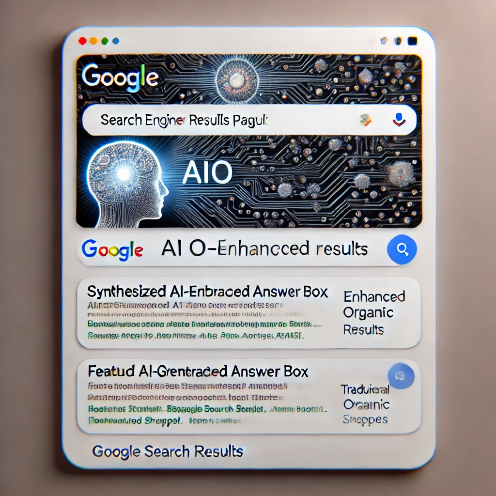 mockup of search engine results page (SERP) highlighting AIO-enhanced results