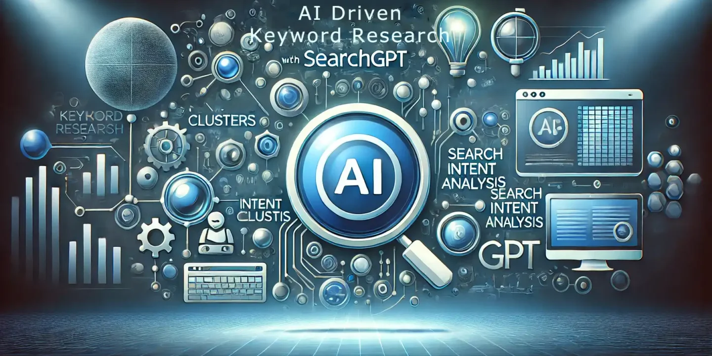 AI-driven keyword research with SearchGPT. Depict a sleek interface generating keyword clusters